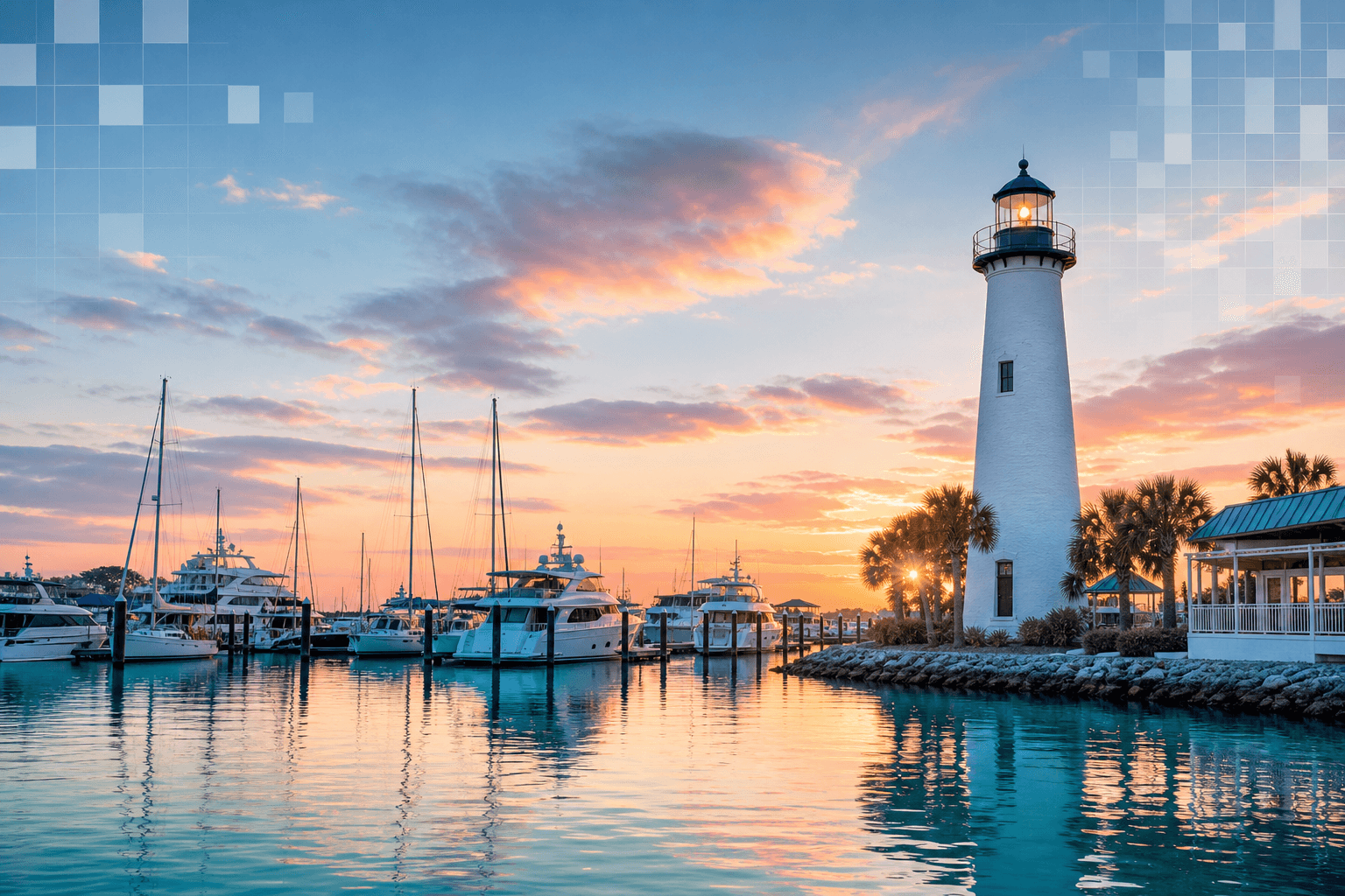 Gulf Coast harbor at sunset with lighthouse and marina